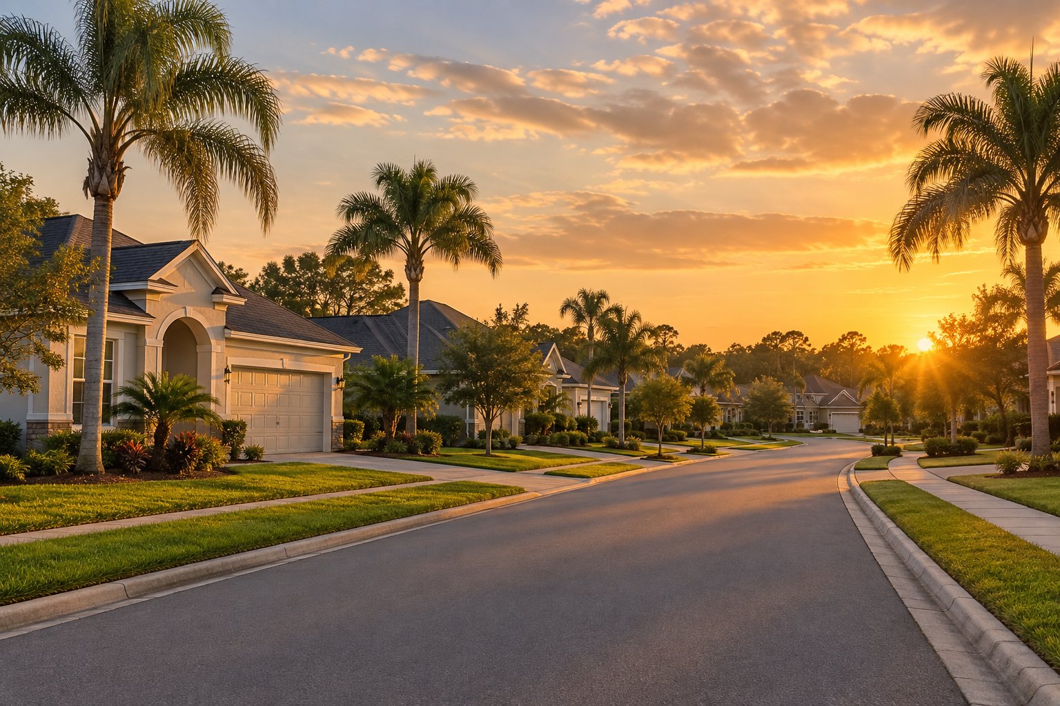 A quiet Jacksonville, Florida residential street lined with palm trees, illustrative