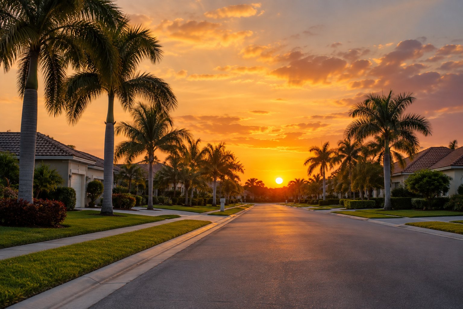 A Florida street at sunset, illustrative
