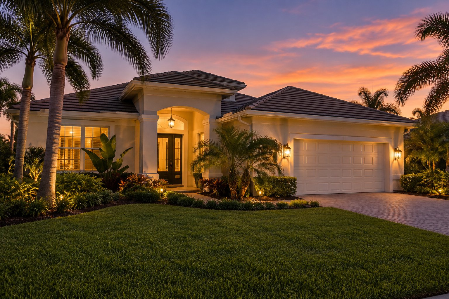 A Florida home exterior at dusk, illustrative