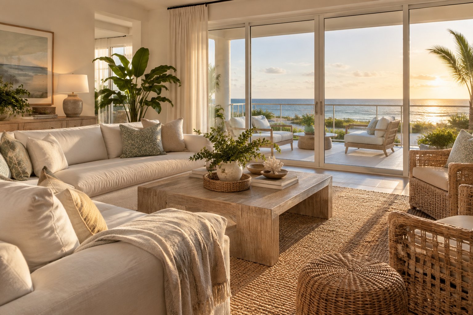 A cozy Florida living room, illustrative